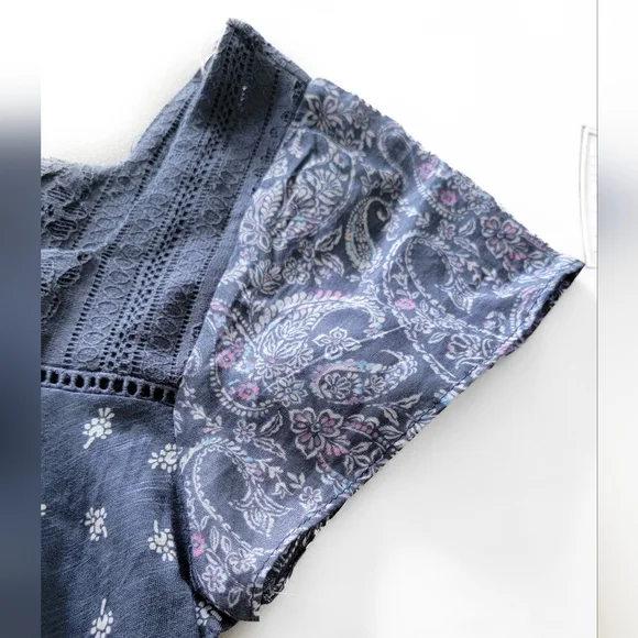 Rewind XS Blue Square Neck Flutter Sleeve Top Boho Paisley Blouse - Picture 6 of 9